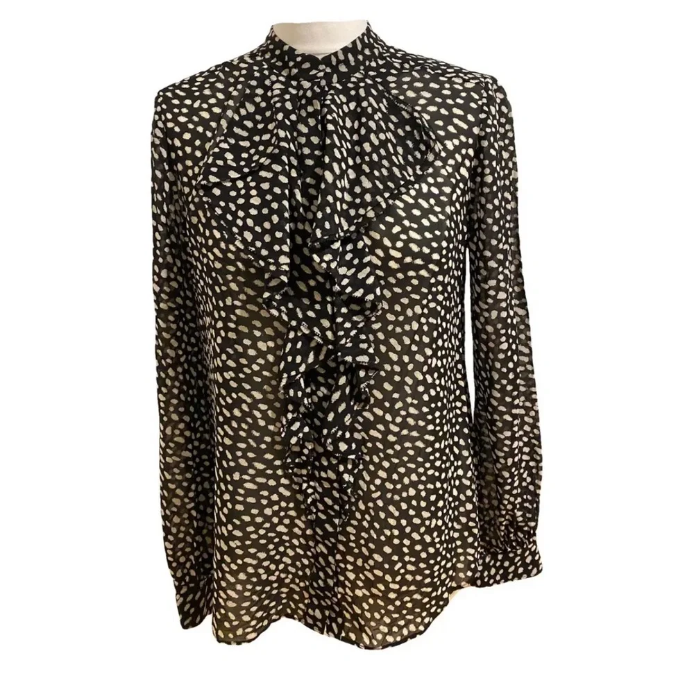 Tory Burch Black & Cream Veta Sheer Silk Blend  Blouse in Dot Print Top size 4